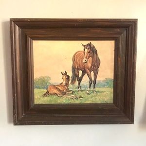 Vintage horses in a field print in wood frame